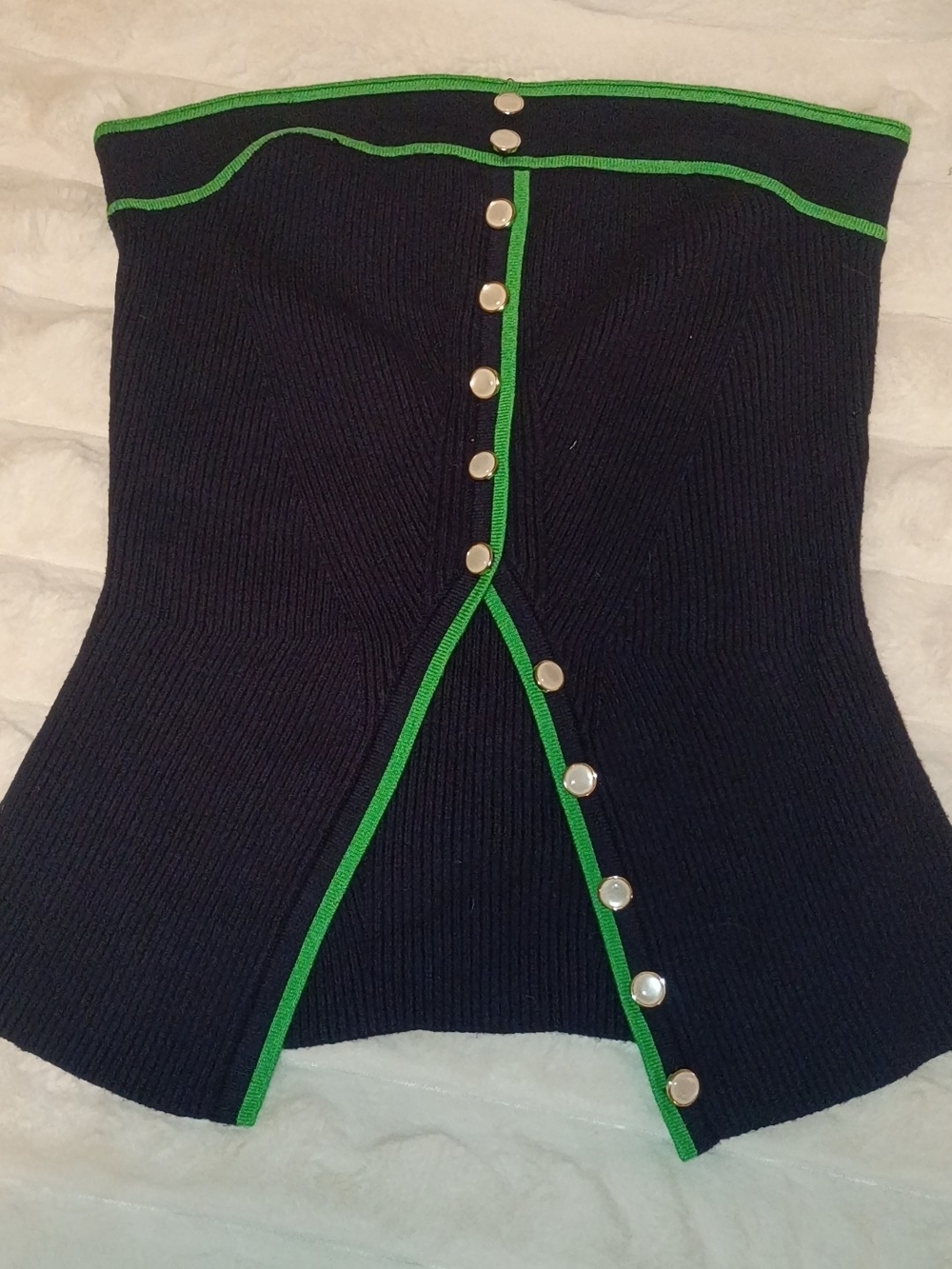 Black Ribbed Strapless Corset Top with Green Trim Coquette Bohoo